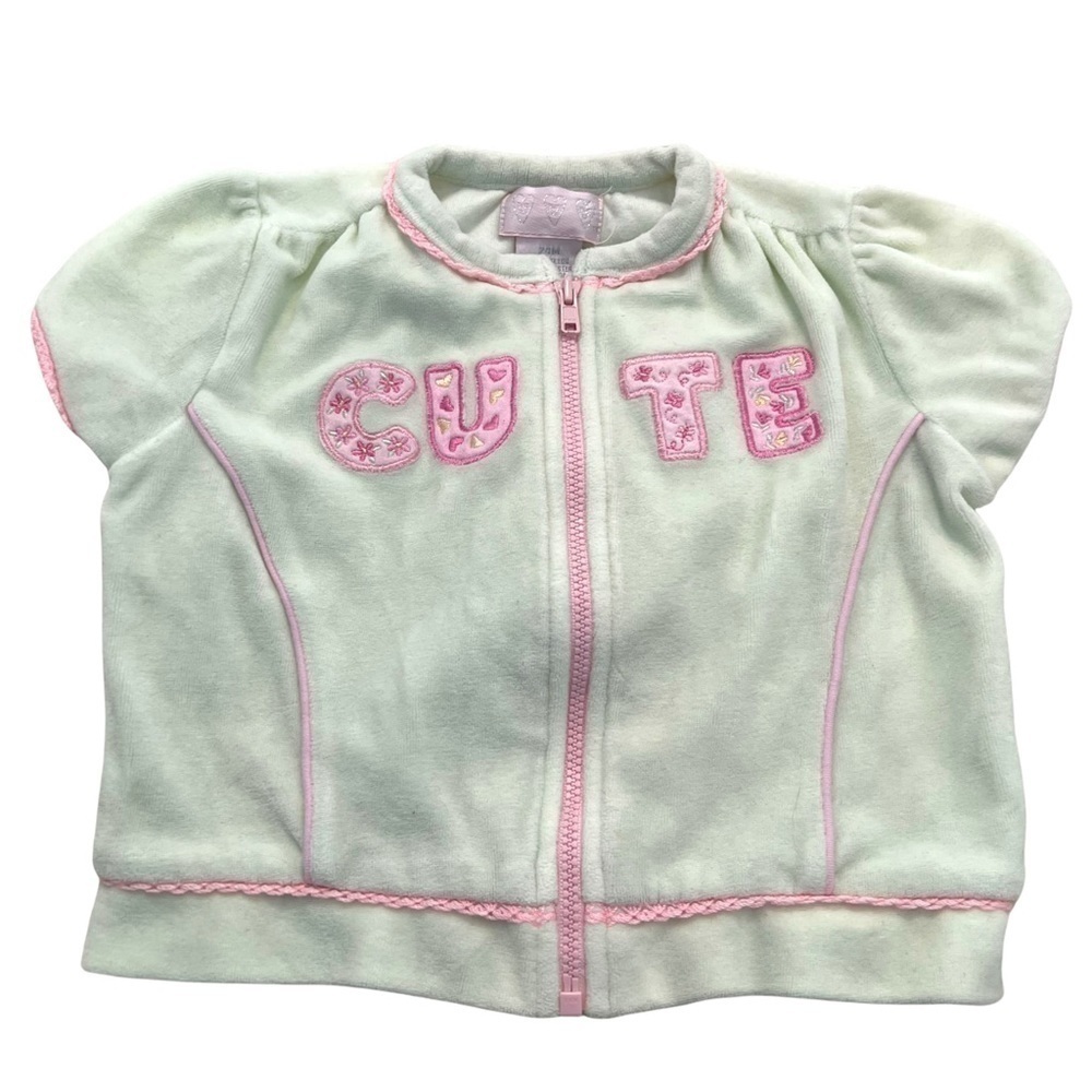 Toddler Girls Sz 24 Months Fleece Top Mint Green Pink Cute Embroidered Full Zip